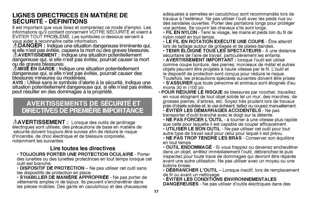 Black & Decker LST136 instruction manual Lignes directrices en matière de sécurité définitions 