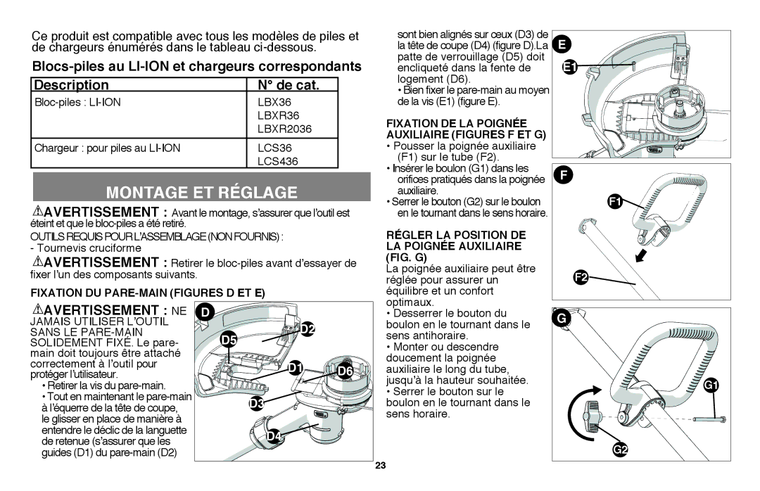 Black & Decker LST136 instruction manual Montage et réglage, Fixation du pare-main figures D et E 