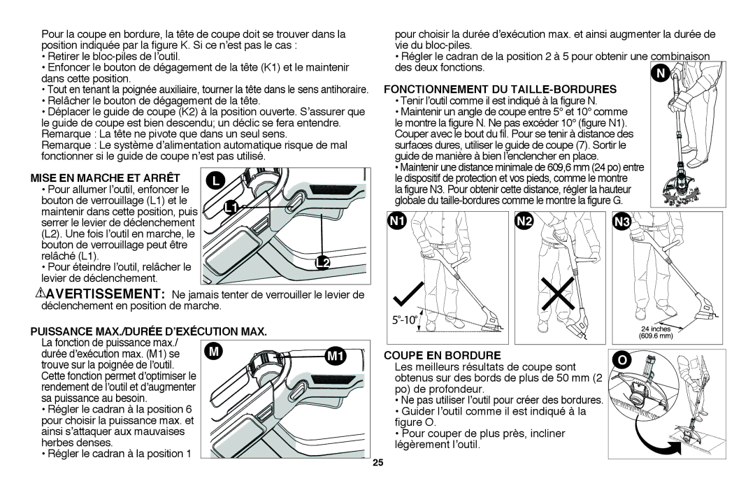 Black & Decker LST136 Mise en marche et arrêt, Fonctionnement DU TAILLE-BORDURES, Puissance max./durée d’exécution max 