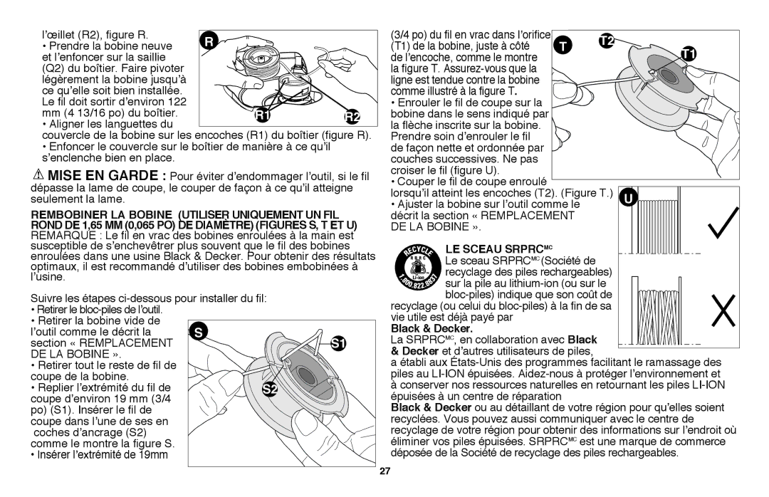 Black & Decker LST136 instruction manual Rembobiner LA Bobine utiliser uniquement un fil, Le sceau Srprc MC, Black & Decker 