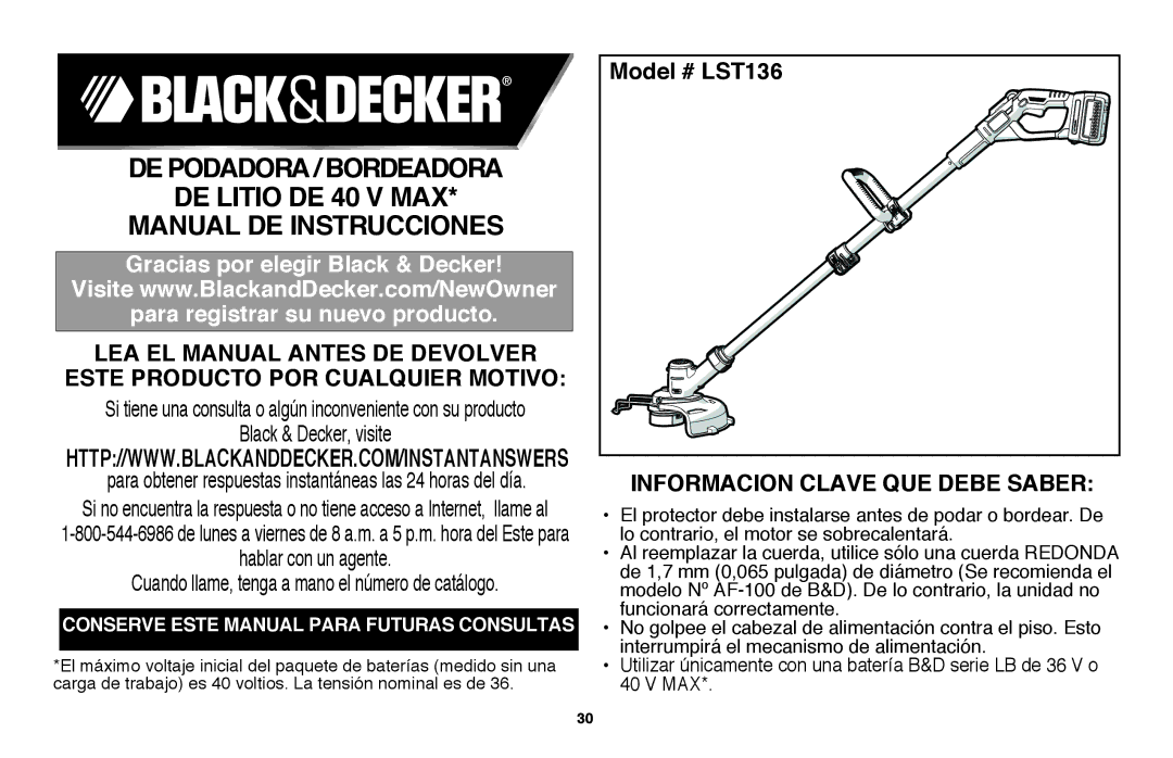 Black & Decker LST136 Manual DE Instrucciones, Si tiene una consulta o algún inconveniente con su producto 