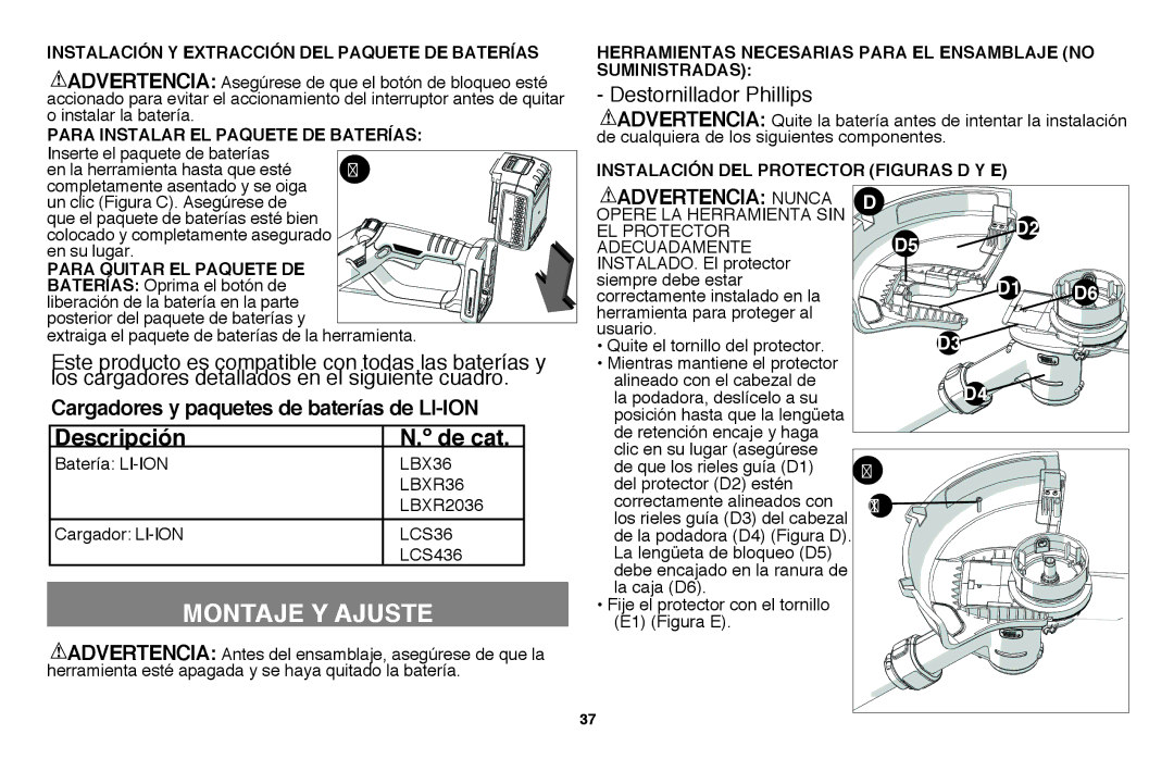 Black & Decker LST136 instruction manual Montaje y Ajuste, Instalación Y Extracción DEL Paquete DE Baterías 