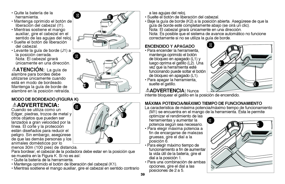 Black & Decker LST136 Encendido Y Apagado, Modo DE Bordeado Figura K, Máxima POTENCIA/MÁXIMO Tiempo DE Funcionamiento 