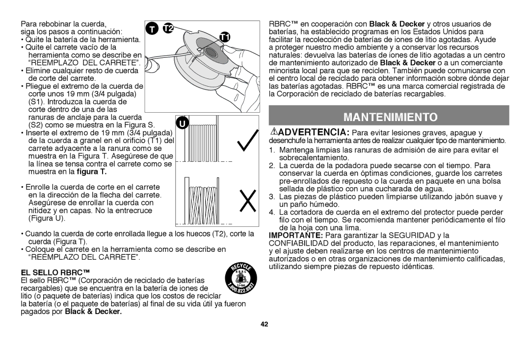 Black & Decker LST136 Mantenimiento, Muestra en la Figura T. Asegúrese de que, La línea se tensa contra el carrete como se 