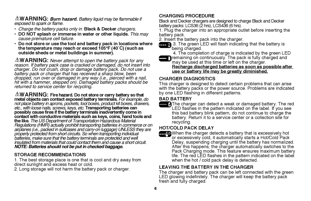 Black & Decker LST136 Charging Procedure, Bad battery, Hot/Cold pack delay, Leaving the battery in the charger 