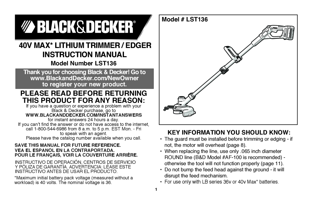 Black & Decker instruction manual Please read before returning this product for any reason, Model Number LST136 