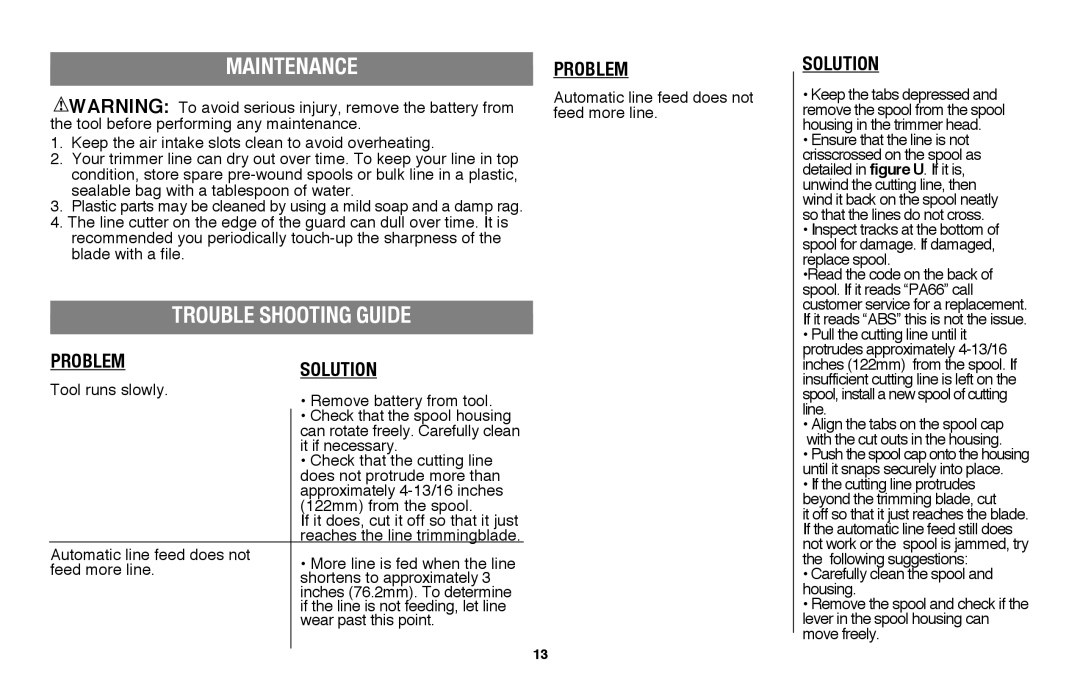 Black & Decker LST136 instruction manual Maintenance, Trouble shooting GUIDE, Problem, Solution 