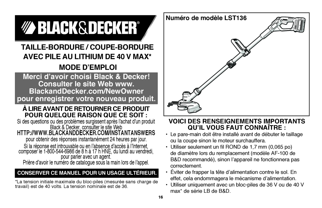 Black & Decker LST136 Mode D’Emploi, à LIRE avant de retourner ce produit pour quelque raison que ce soit 