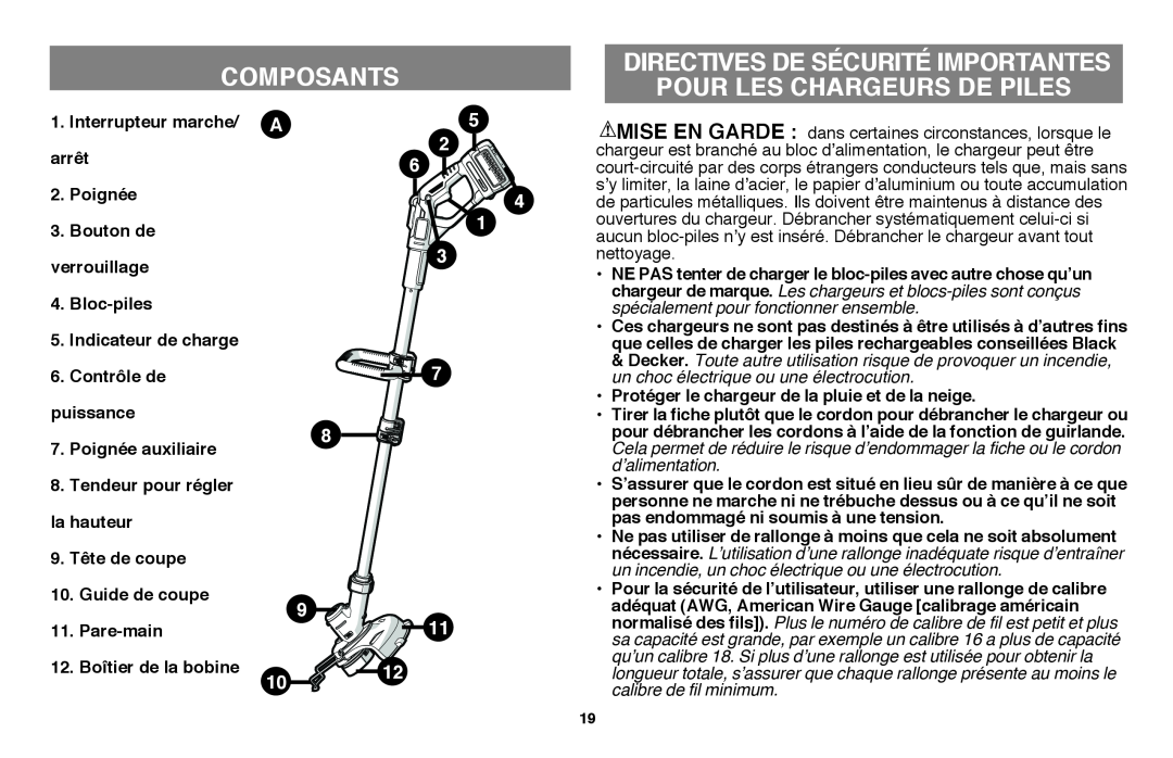 Black & Decker LST136 instruction manual Composants, Directives De Sécurité Importantes, Pour Les Chargeurs De Piles 
