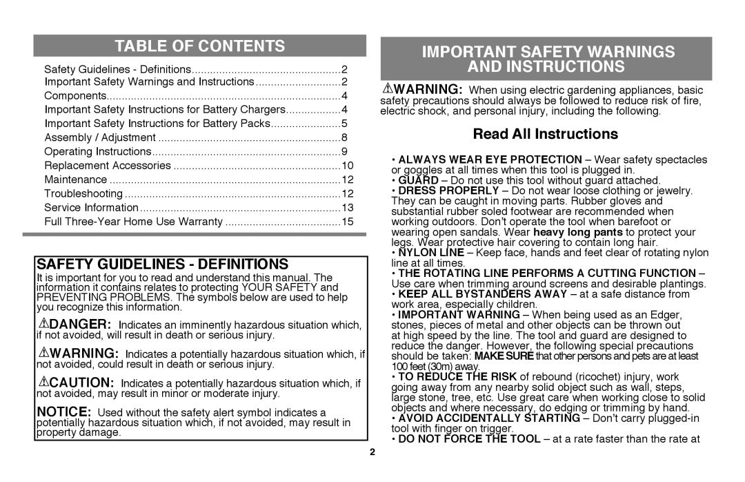 Black & Decker LST136 Table of Contents, Important Safety Warnings And Instructions, Safety Guidelines - Definitions 