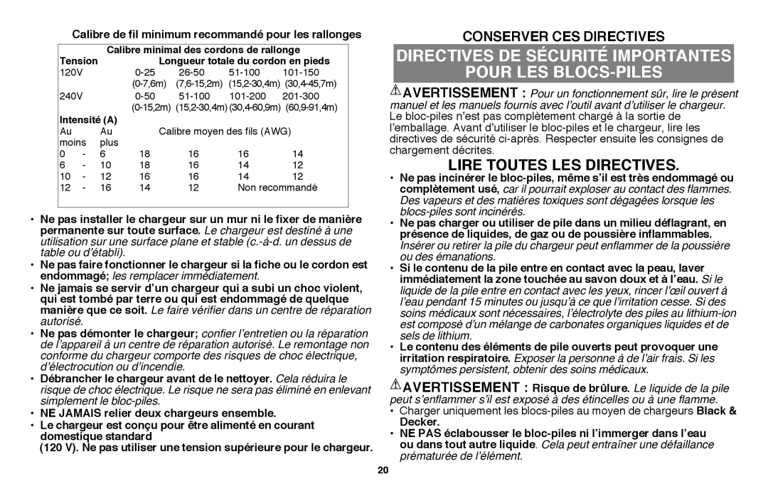 Black & Decker LST136 Directives De Sécurité Importantes Pour Les Blocs-Piles, Lire toutes les directives, Decker 