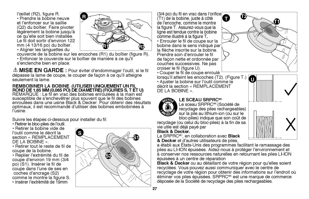 Black & Decker LST136 instruction manual REMBOBINER LA BOBINE utiliser uniquement un fil, Le sceau SRPRC MC, Black & Decker 
