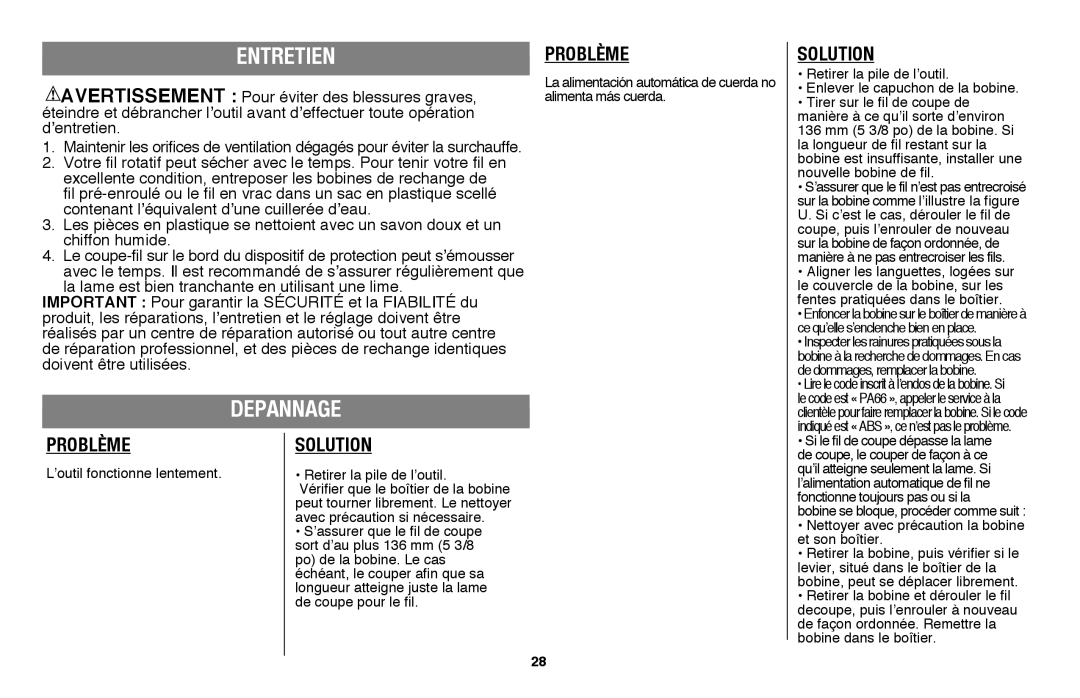 Black & Decker LST136 instruction manual Entretien, Depannage, Problème, Solution 