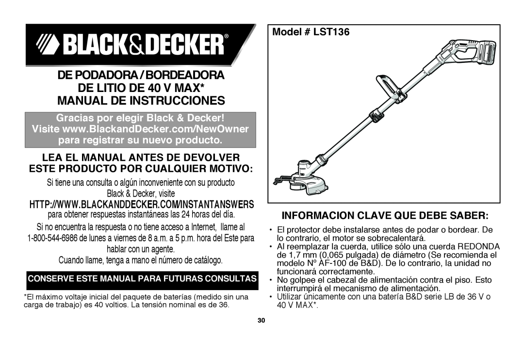 Black & Decker LST136 DE PODADORA / BORDEADORA de litio DE 40 V MAX MANUAL DE INSTRUCCIONES, Black & Decker, visite 