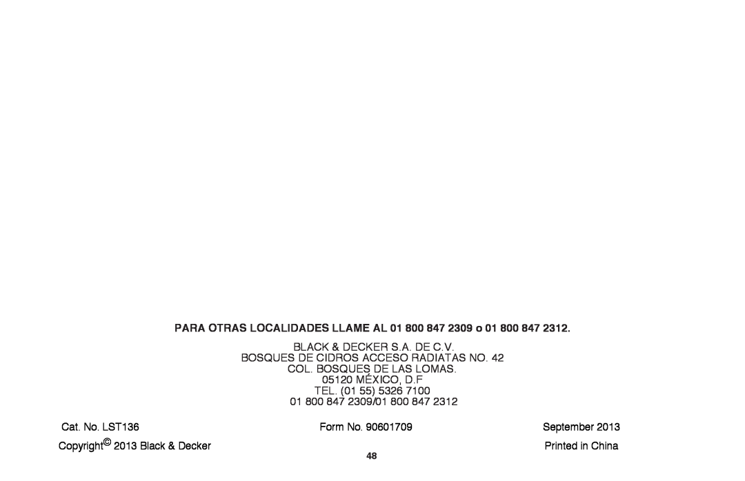 Black & Decker LST136 PARA OTRAS LOCALIDADES LLAME AL 01 800 847 2309 o 01, Black & Decker S.A. DE C.V, 05120 México, D.F 