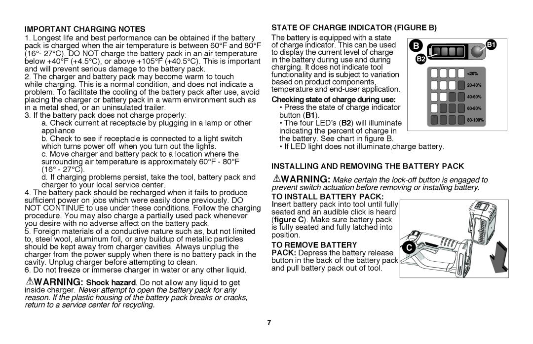 Black & Decker LST136 Important Charging Notes, State of charge indicator figure B, Checking state of charge during use 