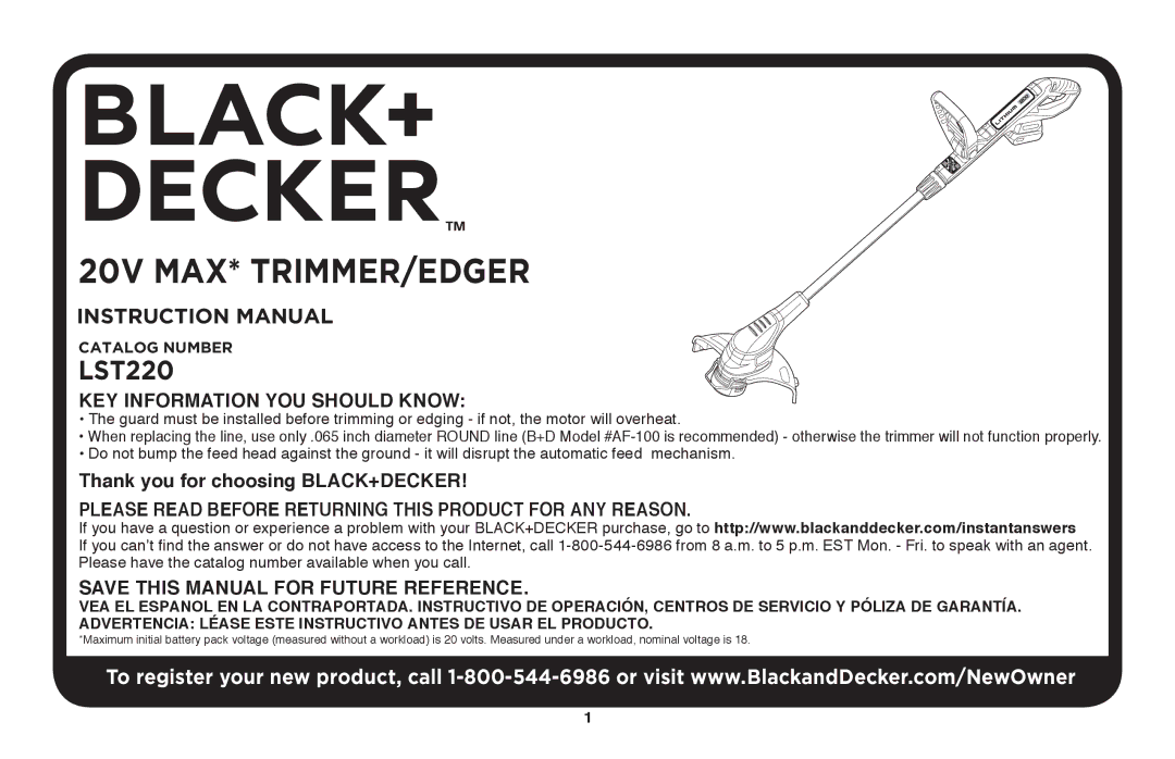 Black & Decker LST220R instruction manual 20V MAX* trimmer/edger 