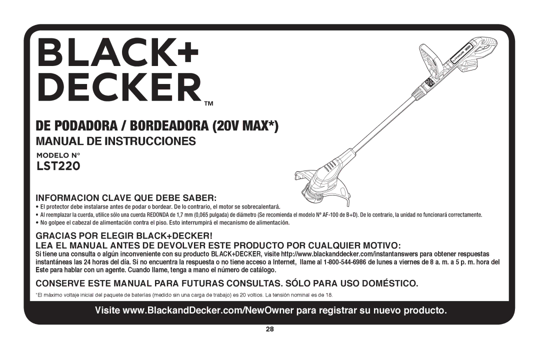 Black & Decker LST220R instruction manual DE Podadora / Bordeadora 20V MAX, Manual DE Instrucciones 