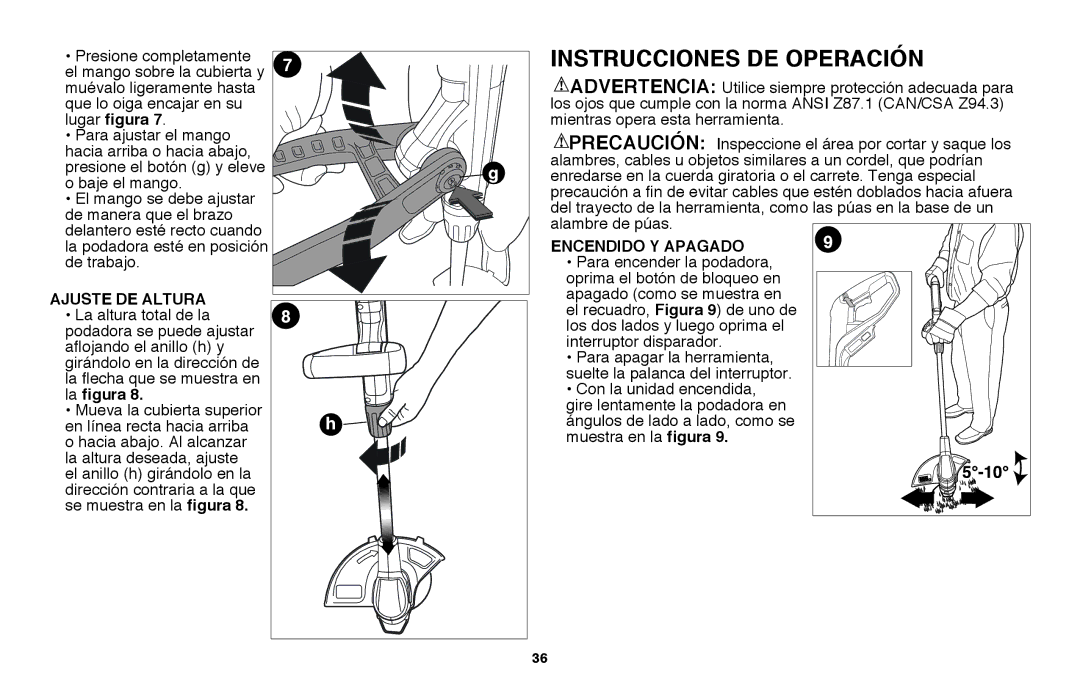 Black & Decker LST220R instruction manual Instrucciones de operación, Ajuste de Altura, Encendido y apagado 