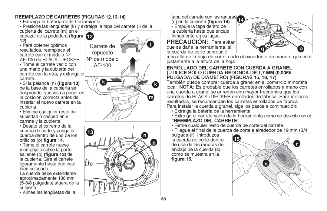 Black & Decker LST220R Precaución Para evitar, Reemplazo DE Carretes figuras 12,13,14, Reemplazo DEL Carrete 