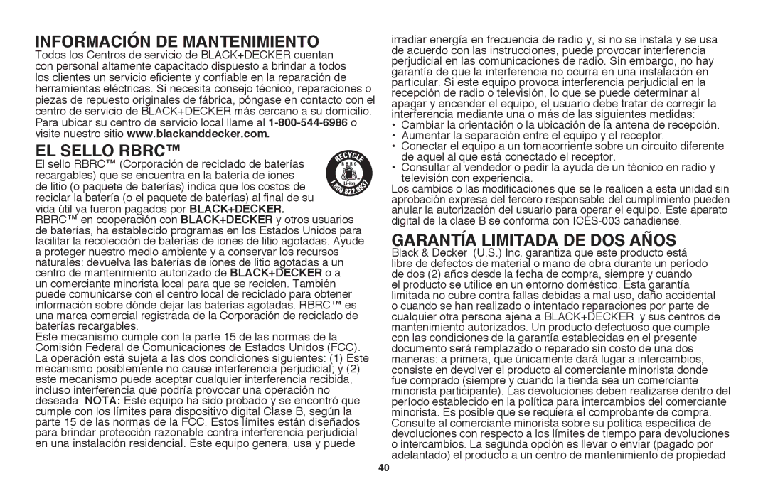 Black & Decker LST220R instruction manual Información de mantenimiento El sello Rbrc, Garantía Limitada DE Dos Años 