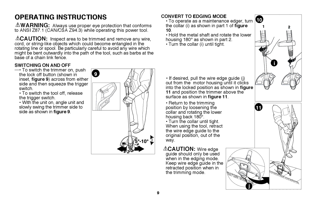 Black & Decker LST220R instruction manual Operating Instructions, Convert To Edging Mode, Switching on and off 