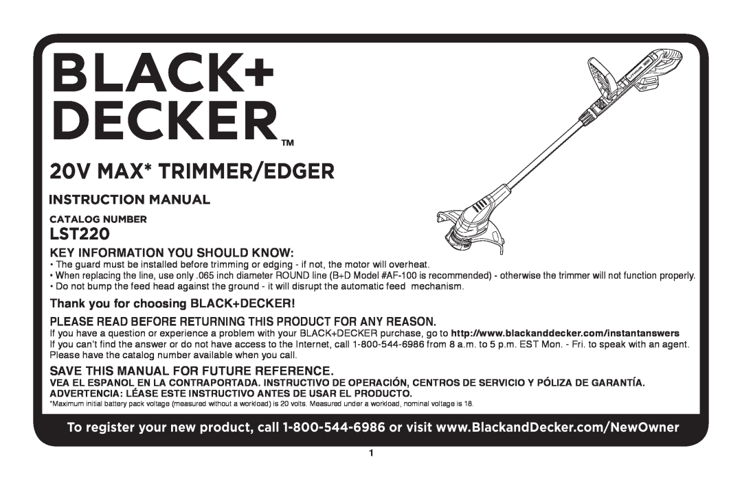 Black & Decker LST220R instruction manual Key Information You Should Know, Thank you for choosing BLACK+DECKER 