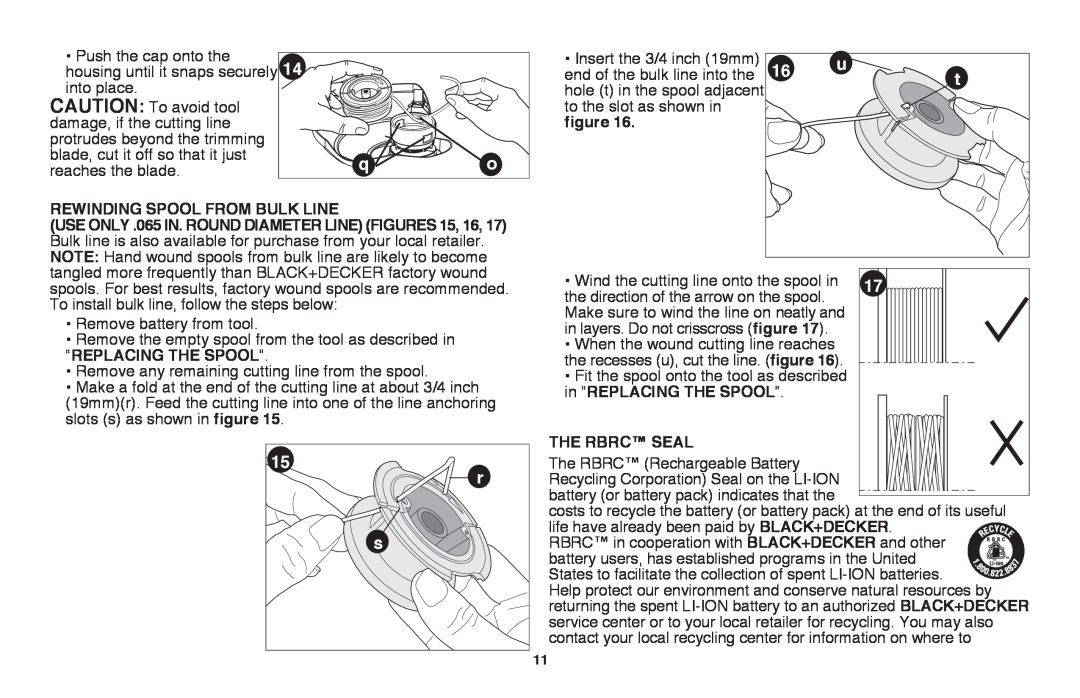 Black & Decker LST220R 14 q o, Rewinding Spool From Bulk Line, “Replacing The Spool”, in “REPLACING THE SPOOL” 