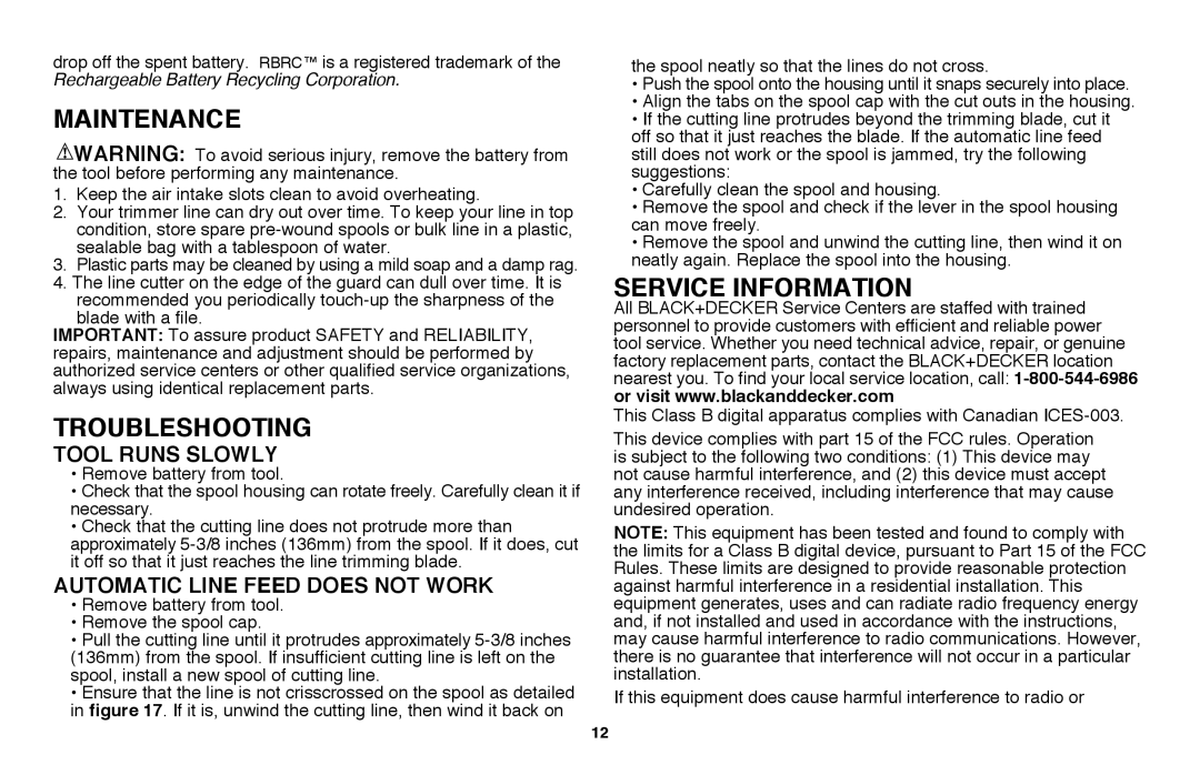 Black & Decker LST220R instruction manual Maintenance, Troubleshooting, Service Information, Tool runs slowly 