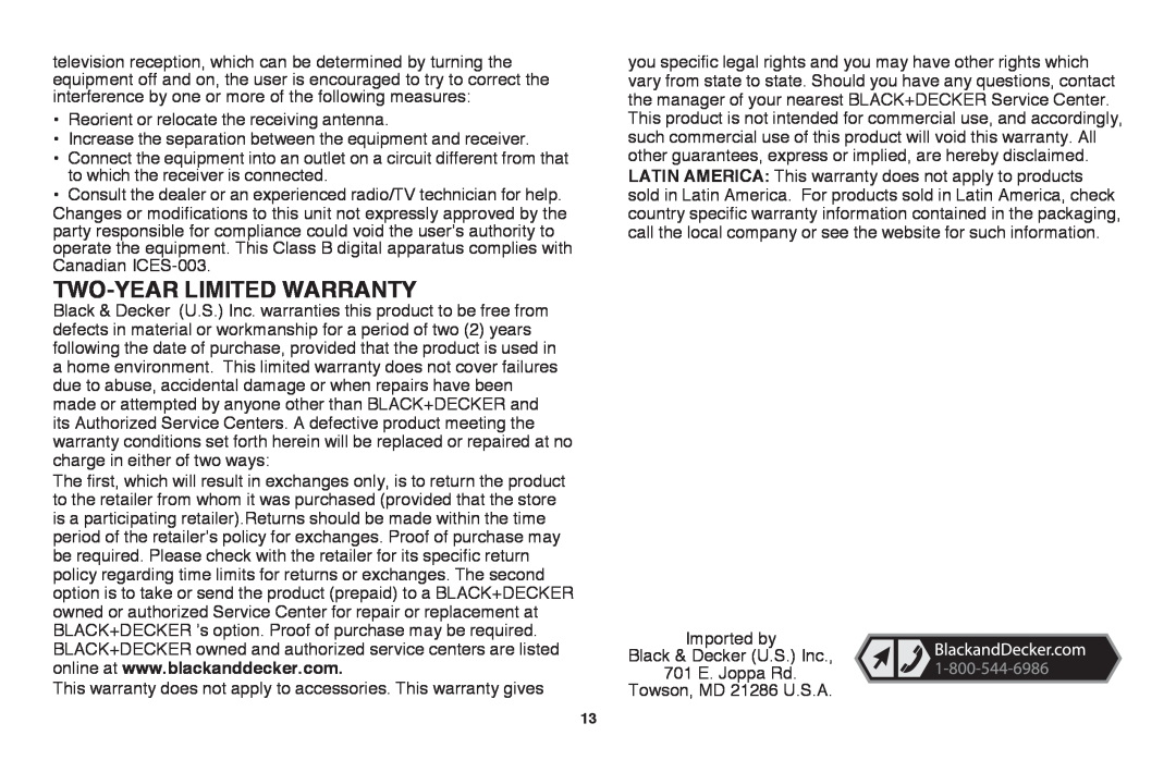 Black & Decker LST220R instruction manual Two-YEARLIMITED Warranty 