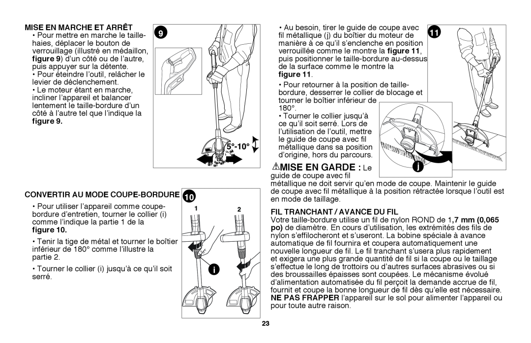 Black & Decker LST220R instruction manual MISE EN GARDE Le, Mise en marche et arrêt, Convertir Au Mode Coupe-Bordure 
