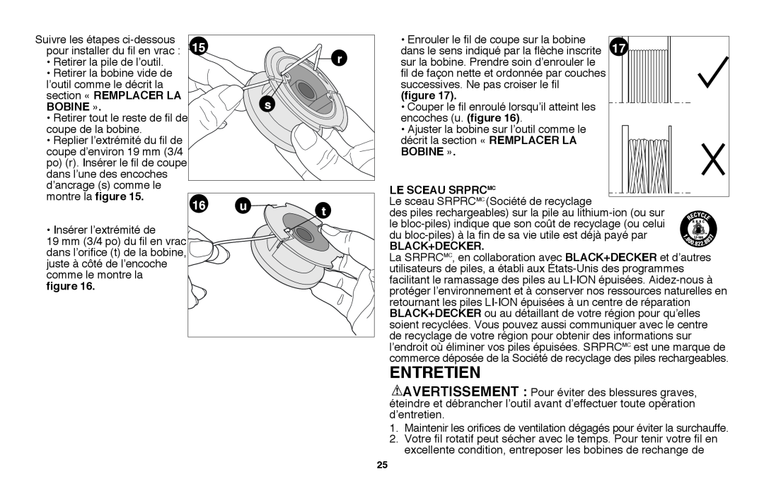 Black & Decker LST220R instruction manual Entretien, Bobine », Le sceau SRPRCMC, Black+Decker 