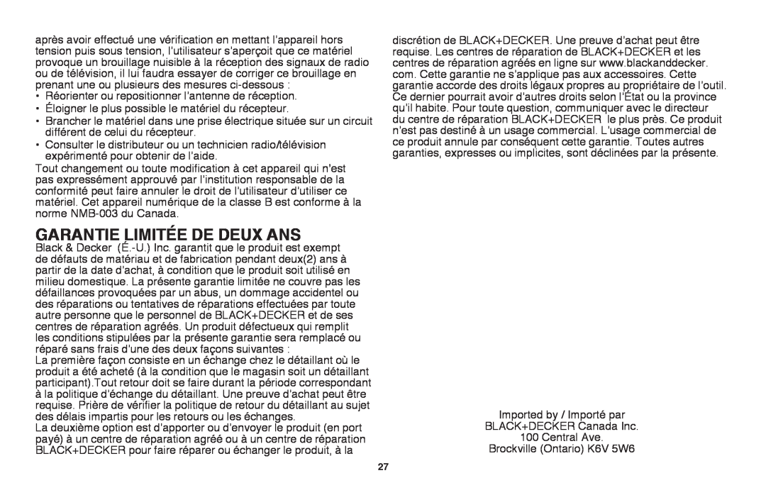 Black & Decker LST220R instruction manual Garantie Limitée De Deux Ans 