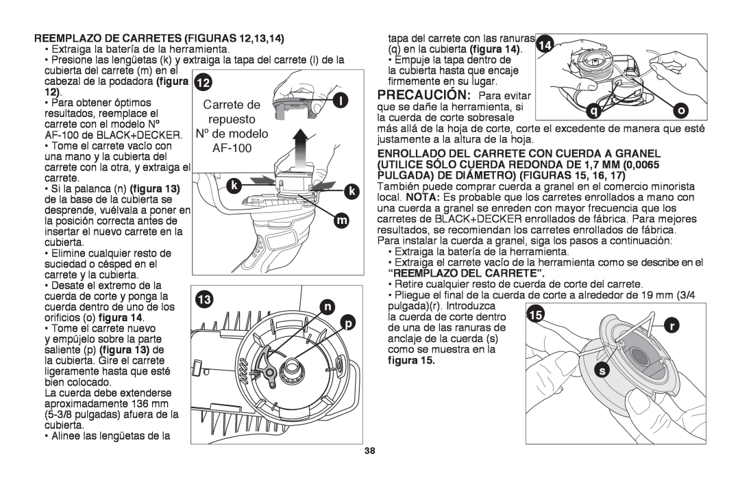 Black & Decker LST220R instruction manual PRECAUCIÓN Para evitar, Carrete de, repuesto, Nº de modelo, AF-100 
