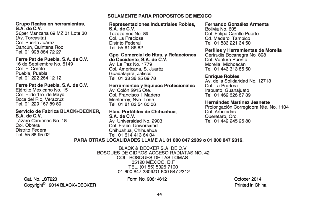 Black & Decker LST220R instruction manual Solamente Para Propositos De Mexico 