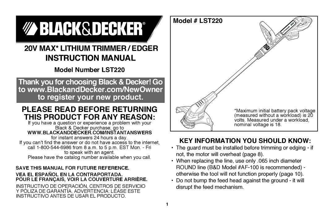 Black & Decker LST220 instruction manual Instructionmanual R, KEY Information YOU should Know 