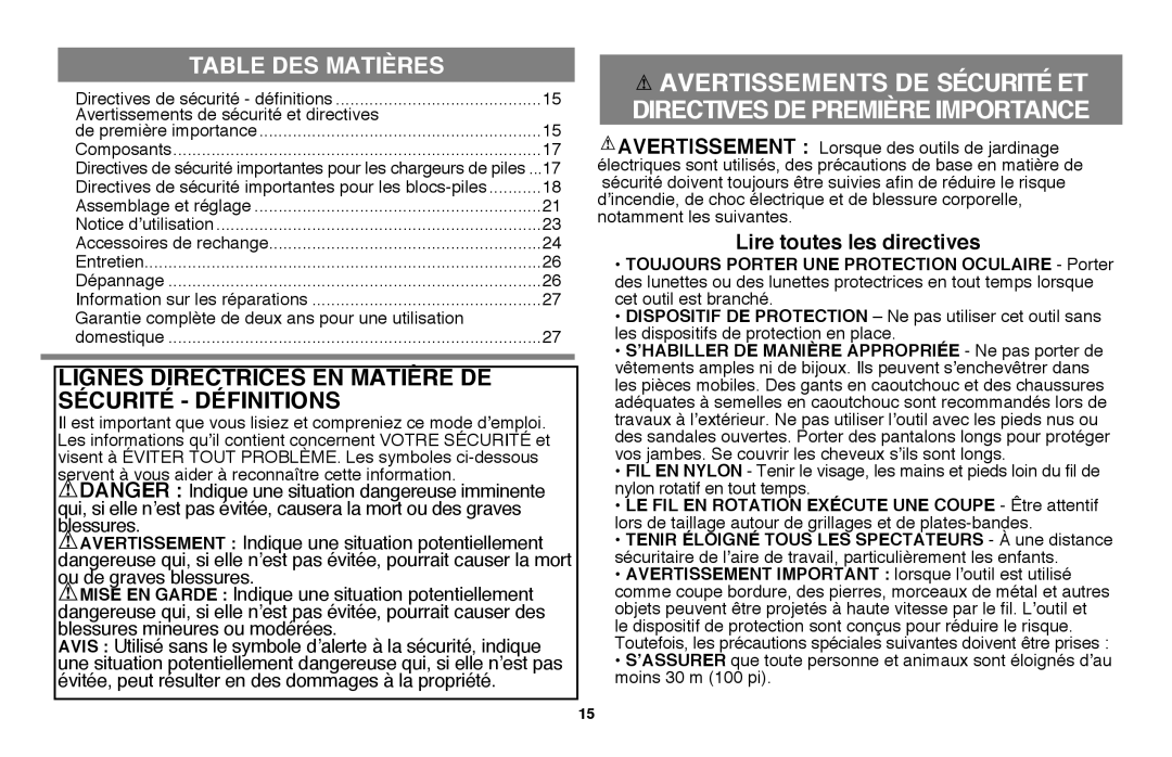 Black & Decker LST220 instruction manual Lignes directrices en matière de sécurité définitions, Lire toutes les directives 