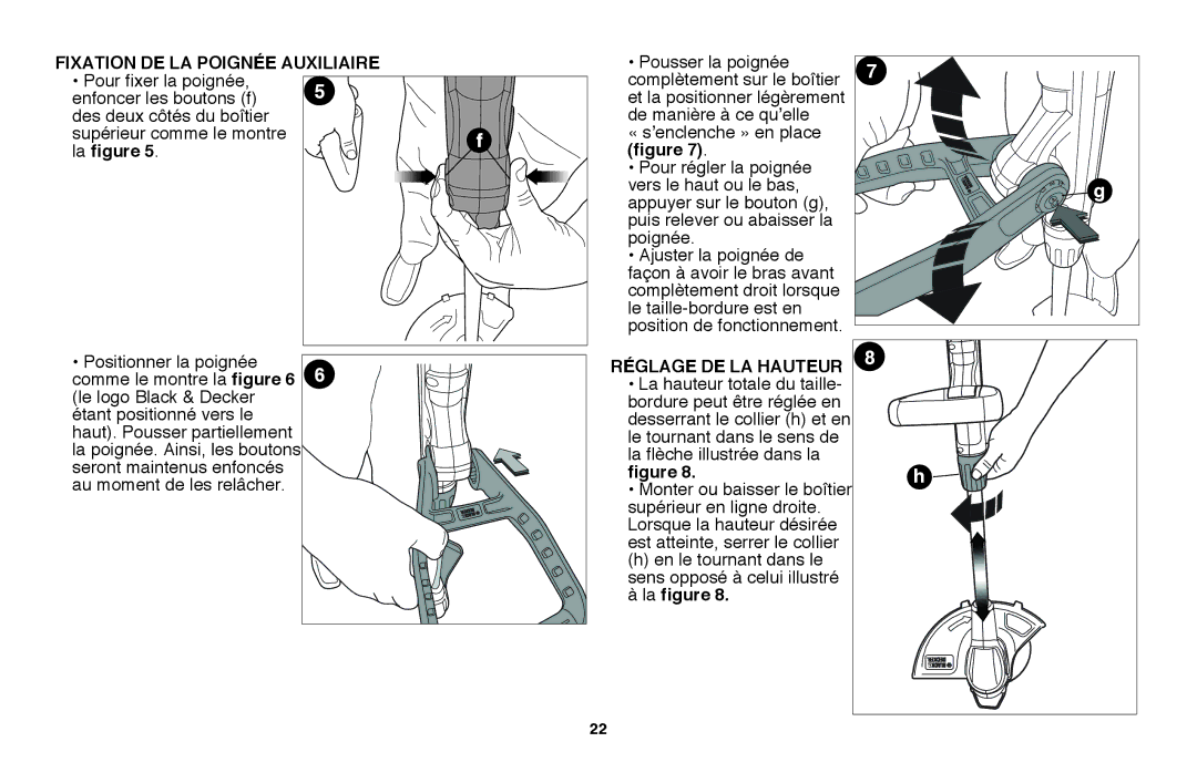 Black & Decker LST220 instruction manual Fixation de la poignée auxiliaire, La figure, Réglage de la Hauteur 