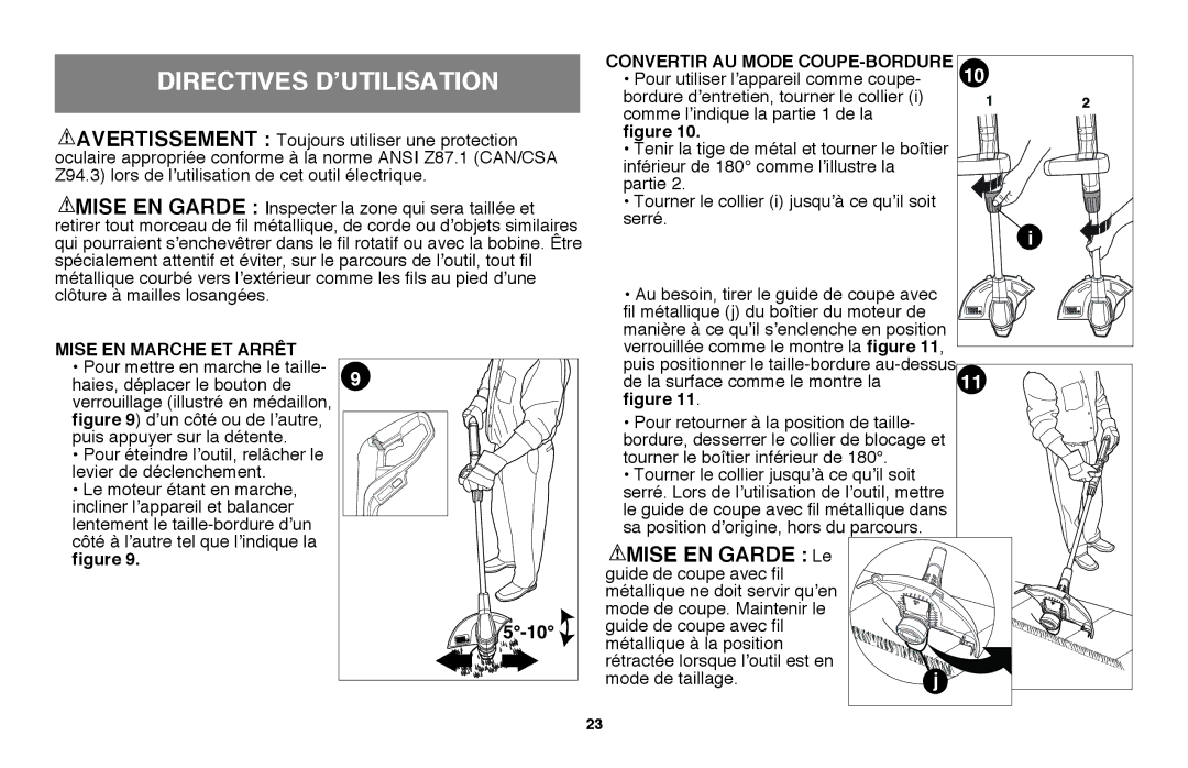 Black & Decker LST220 Directives d’utilisation, Mise EN Garde Le, Convertir AU Mode COUPE-BORDURE, Mise en marche et arrêt 