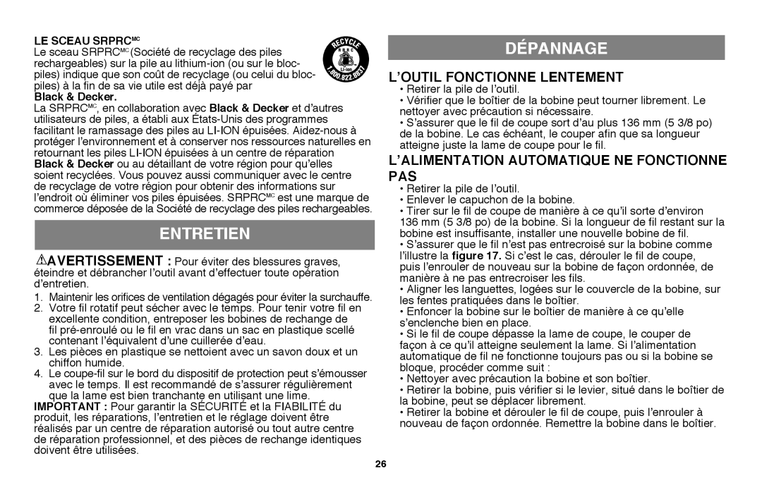 Black & Decker LST220 Entretien, Dépannage, ’outil fonctionne lentement, ’alimentation automatique ne fonctionne pas 