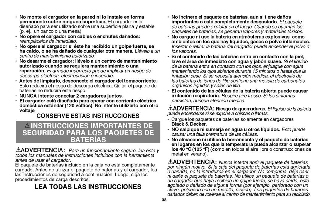 Black & Decker LST220 instruction manual Lea todas las instrucciones, Nunca intente conectar 2 cargadores juntos 