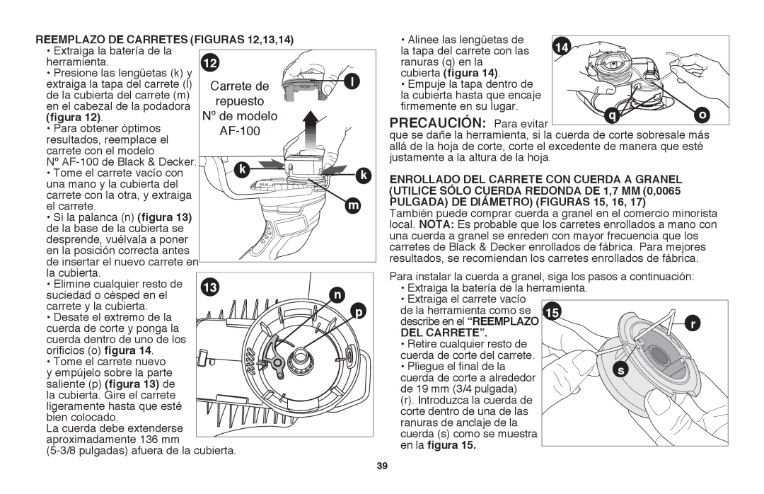 Black & Decker LST220 Precaución Para evitar, Reemplazo DE Carretes figuras 12,13,14, Cubierta figura, DEL Carrete 