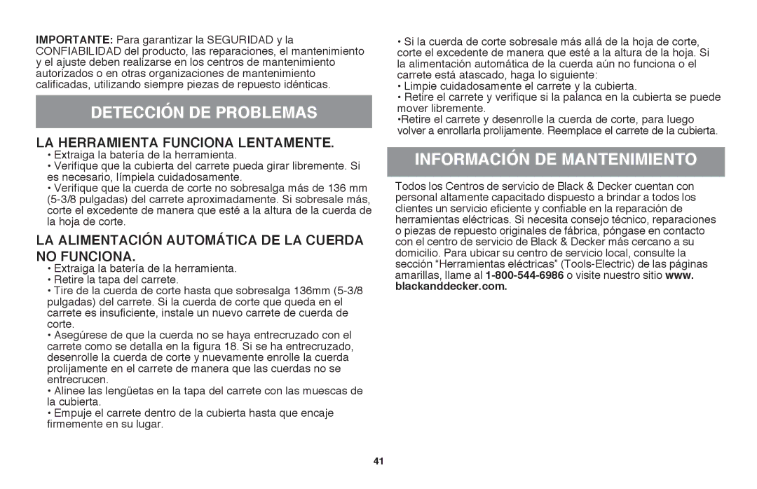 Black & Decker LST220 Detección de problemas, Información de mantenimiento, La herramienta funciona lentamente 