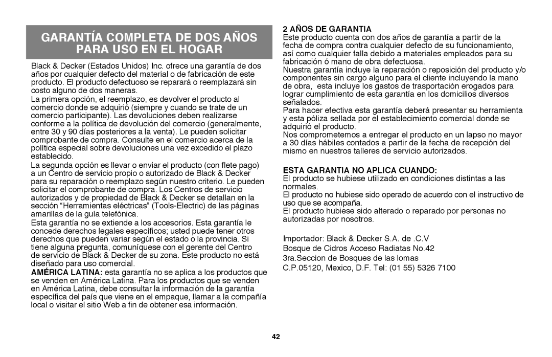 Black & Decker LST220 Garantía completa de dos años Para uso en el hogar, Años DE Garantia, Esta Garantia no Aplica Cuando 