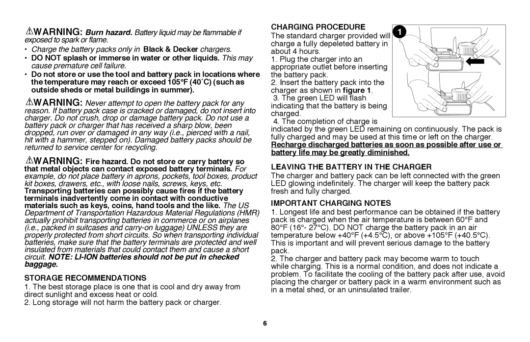 Black & Decker LST220 instruction manual Charging Procedure, Important Charging Notes 