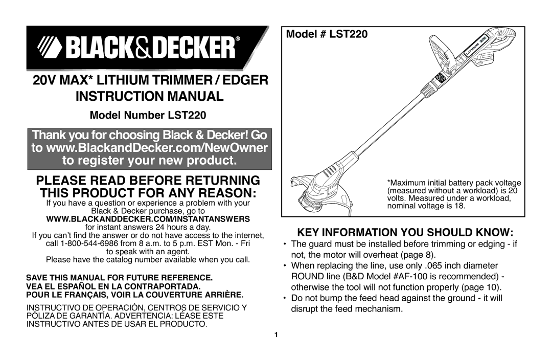 Black & Decker LST220 instruction manual Instructionmanual R, KEY Information YOU should Know 