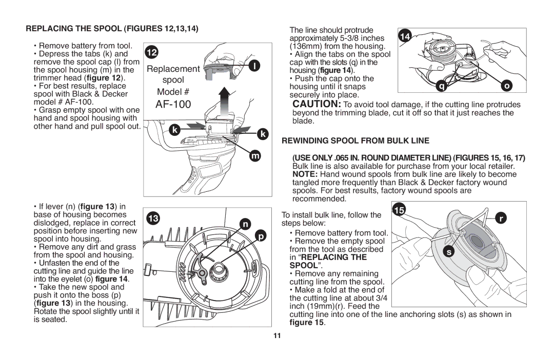 Black & Decker LST220 Replacing the Spool Figures 12,13,14, Tangled more frequently than Black & Decker factory wound 