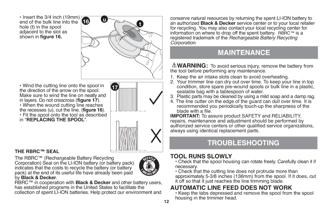 Black & Decker LST220 instruction manual Maintenance, Troubleshooting, Shown in figure, Replacing the Spool, Rbrc Seal 