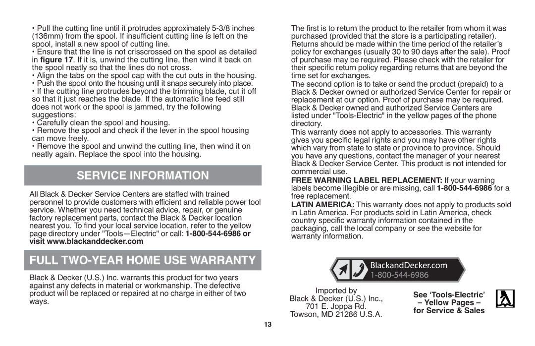 Black & Decker LST220 Service Information Full TWO-YEAR Home USE Warranty, See ʻTools-Electricʼ, Black & Decker U.S. Inc 