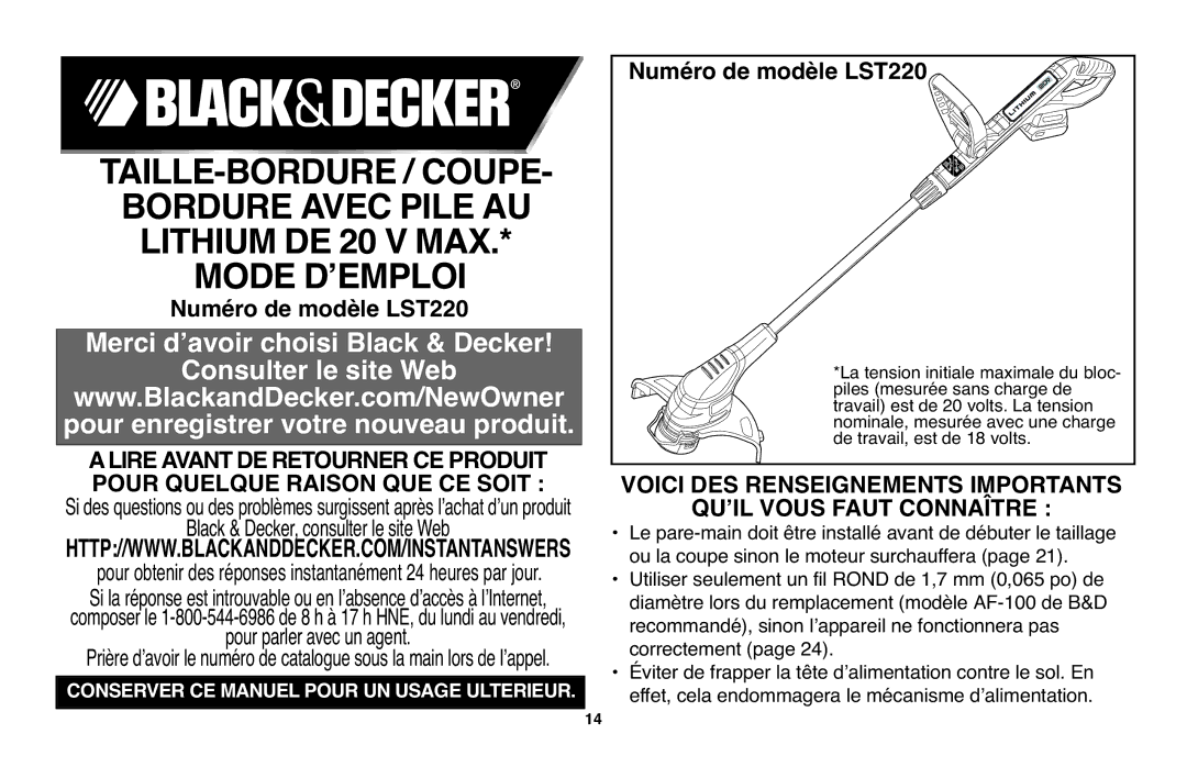 Black & Decker LST220 instruction manual Mode DʼEMPLOI, Voici DES Renseignements Importants 